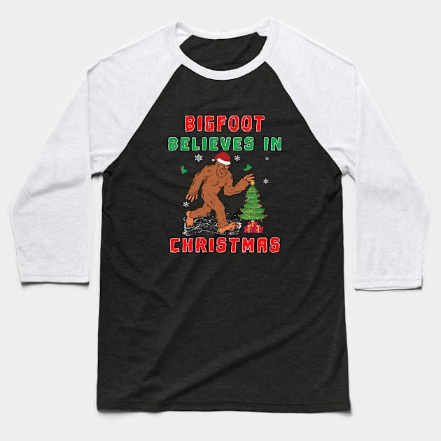 Bigfoot Believes in Christmas funny Squatchy Beast. Baseball T-Shirt by Maxx Exchange